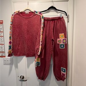 Red Crochet Trim Granny Square Sweatsuit Set